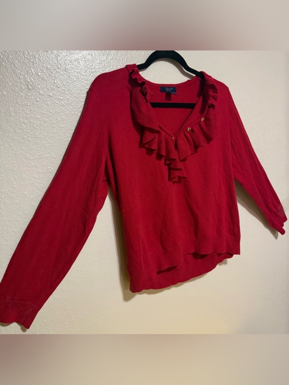 Chaps Red Ruffle Front Knit Sweater | Button Long Sleeve | XL - Picture 4 of 4